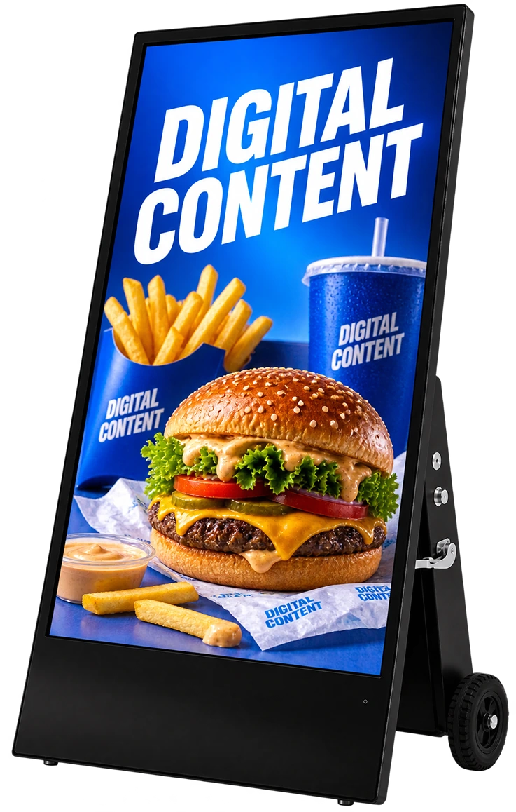 Digital-Content-Aufsteller mit Gastronomie-Werbung